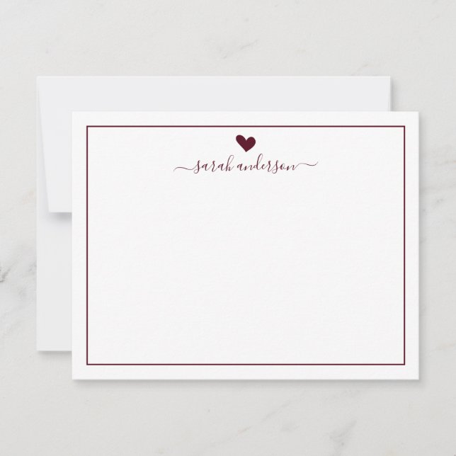 Modern Calligraphy Burgundy Heart Personalized Note Card (Front)
