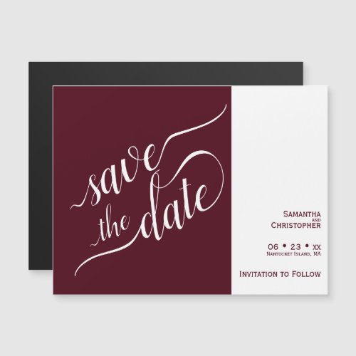 Modern Calligraphy Burgundy Wedding Save the Date Magnetic Invitation