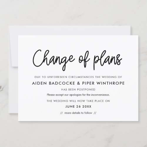 Modern calligraphy change of plans wedding update invitation