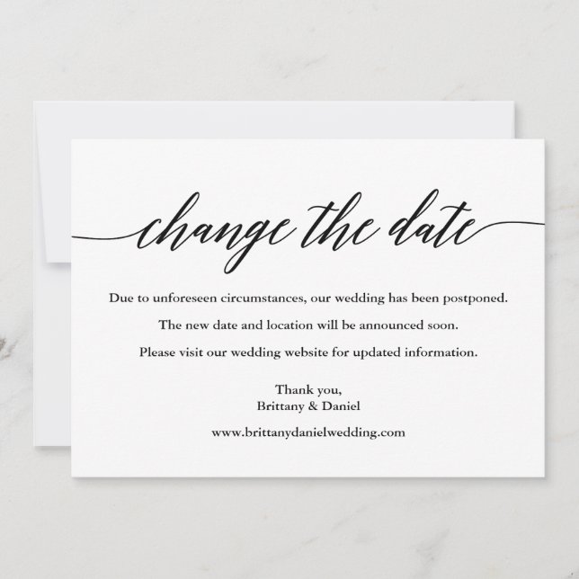 Modern Calligraphy Change The Date Wedding Card (Front)