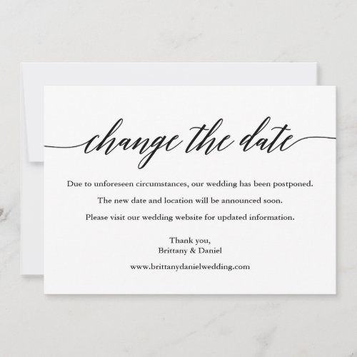 Modern Calligraphy Change The Date Wedding Card