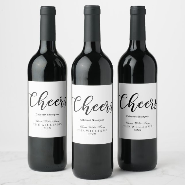 Modern Calligraphy Cheers Black and White Holiday Wine Label (Bottles)