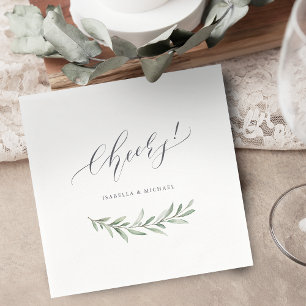 Modern calligraphy cheers rustic greenery wedding napkins