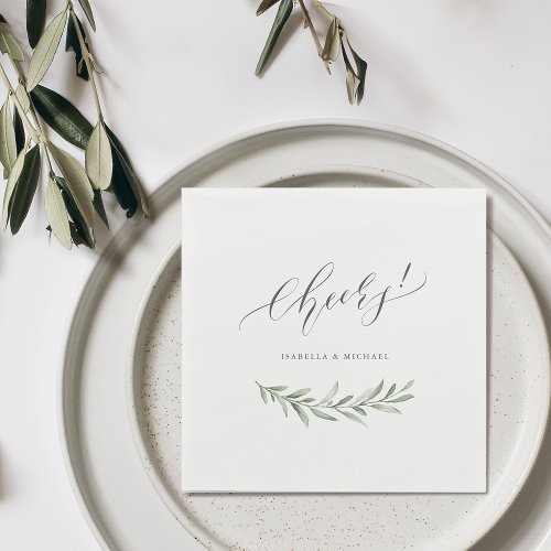 Modern calligraphy cheers rustic greenery wedding napkins