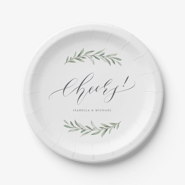 Modern calligraphy cheers rustic greenery wedding paper plates (Front)