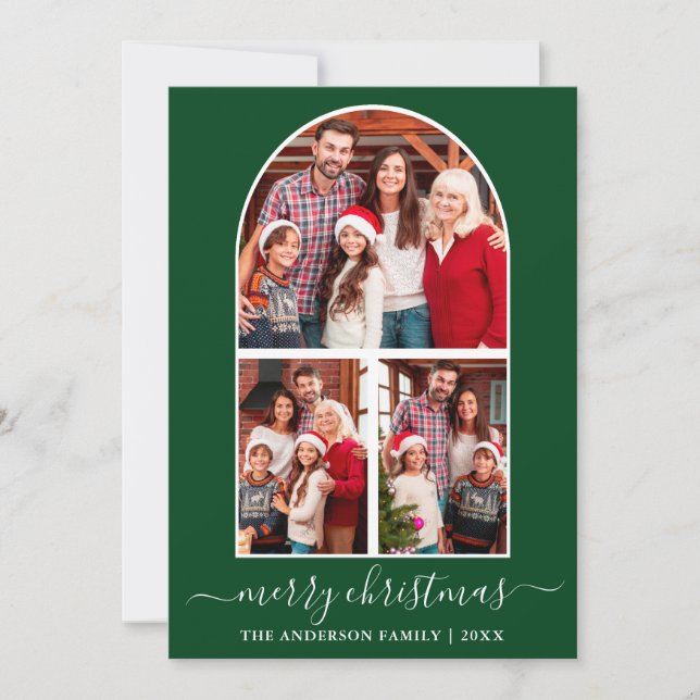Modern Calligraphy Christmas 3 Photo Arch Green Holiday Card (Front)