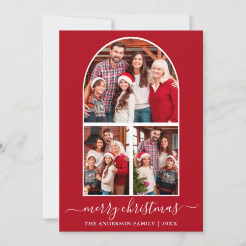 Modern Calligraphy Christmas 3 Photo Arch Red Holiday Card