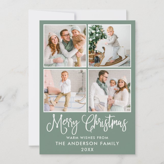 Modern Calligraphy Christmas 4 Photos Sage Green Holiday Card (Front)