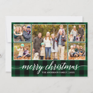 Modern Calligraphy Christmas 5 Photo Green Plaid Holiday Card