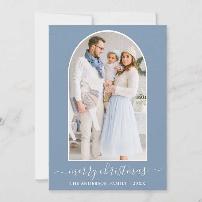 Modern Calligraphy Christmas Photo Arch Dusty Blue Holiday Card (Front)