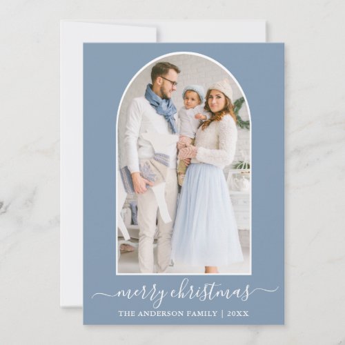 Modern Calligraphy Christmas Photo Arch Dusty Blue Holiday Card