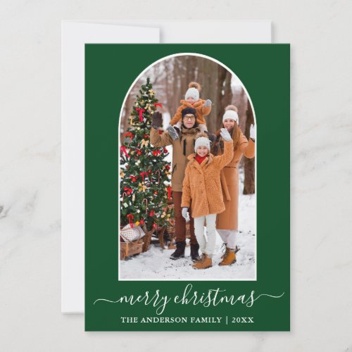 Modern Calligraphy Christmas Photo Arch Green Holiday Card