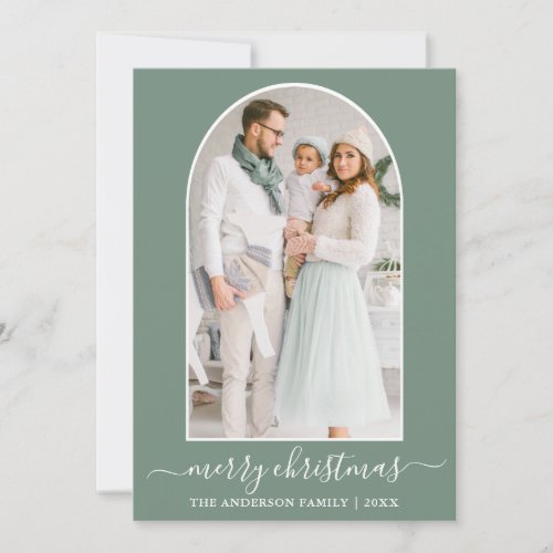 Modern Calligraphy Christmas Photo Arch Sage Green Holiday Card