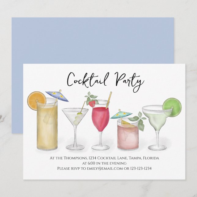Modern Calligraphy Cocktails Drinks Watercolor Fun Invitation (Front/Back)