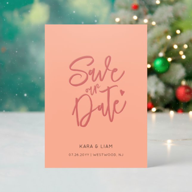 Modern Calligraphy Coral Pink Save the Date Letterpress Photo Cards (Front (Into))