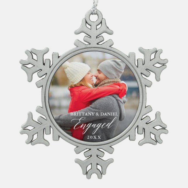 Modern Calligraphy Couple Photo Engaged Snowflake Pewter Christmas Ornament (Front)