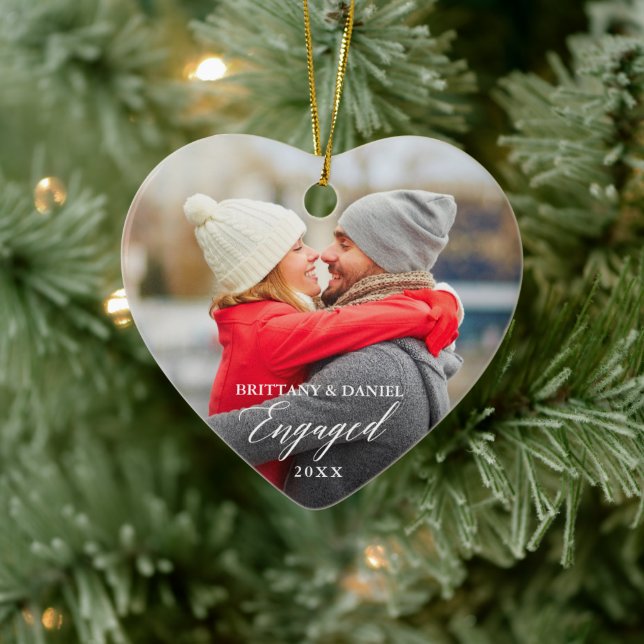 Modern Calligraphy Couple Photo Heart Engaged Ceramic Ornament (Tree)
