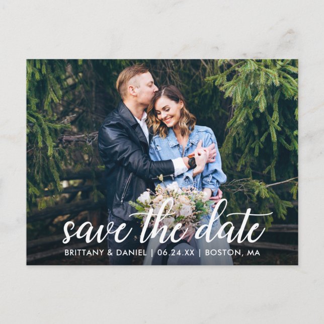 Modern Calligraphy Couple Photo Save the Date Postcard (Front)