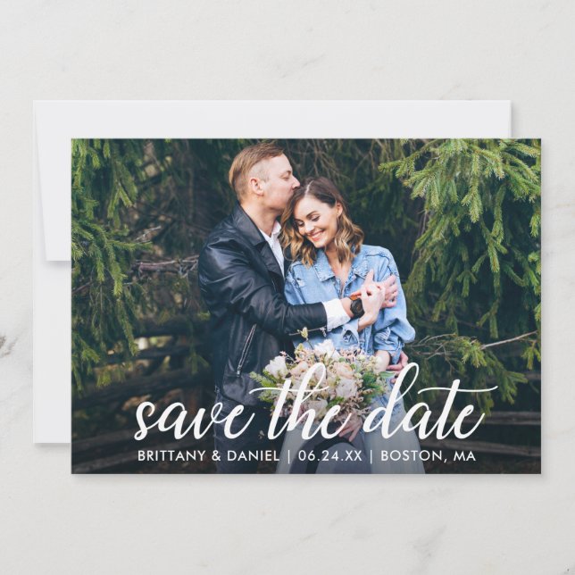 Modern Calligraphy Couple Photo Wedding Save The Date (Front)