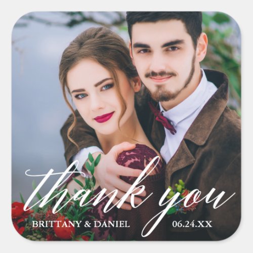 Modern Calligraphy Couple Photo Wedding Thank You Square Sticker