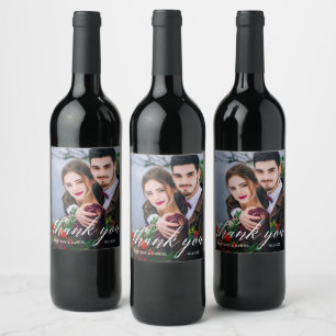 Modern Calligraphy Couple Photo Wedding Thank You Wine Label