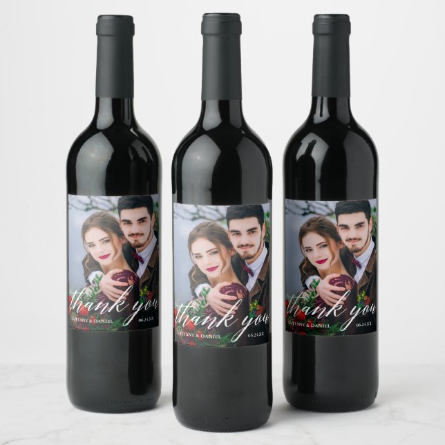 Modern Calligraphy Couple Photo Wedding Thank You Wine Label (Bottles)