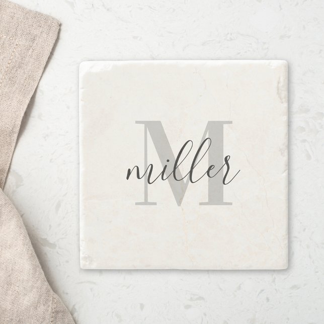 Modern Calligraphy Custom Family Name Monogram Stone Coaster (Creator Uploaded)