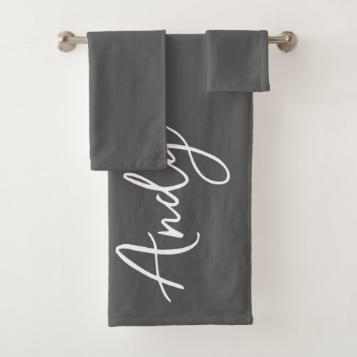 Modern Calligraphy Dark Grey Custom Name Bath Towel Set
