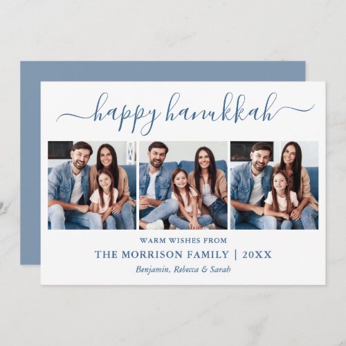 Modern Calligraphy Dusty Blue Hanukkah 3 Photo Holiday Card