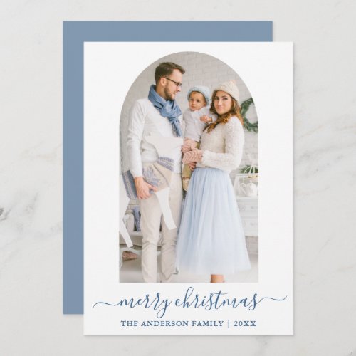 Modern Calligraphy Dusty Blue Photo Arch Christmas Holiday Card