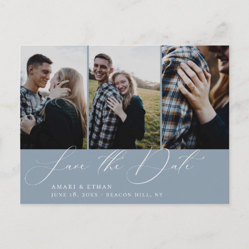 Modern Calligraphy Dusty Blue Photo Save the Date Announcement Postcard