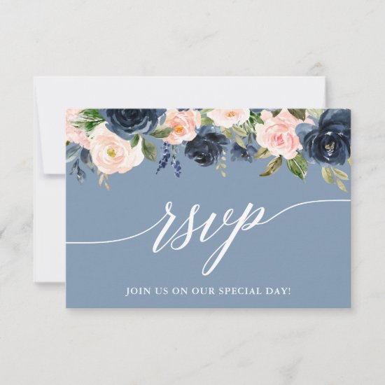 Modern Calligraphy Dusty Blue Pink Floral RSVP Card
