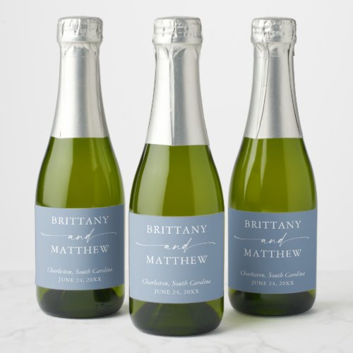 Modern Calligraphy Dusty Blue Wedding Mini Sparkling Wine Label