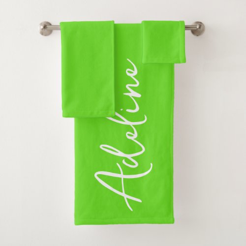 Modern Calligraphy Electric Green Custom Name Bath Towel Set