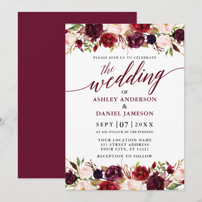Modern Calligraphy Elegant Burgundy Floral Wedding Invitation (Front/Back)