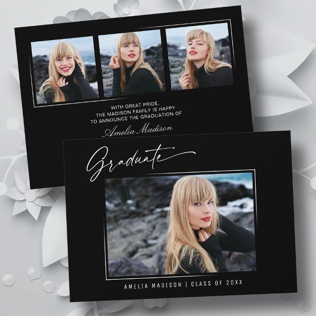 Modern Calligraphy Elegant Ink Script 4 Photo Grad Announcement (Creator Uploaded)