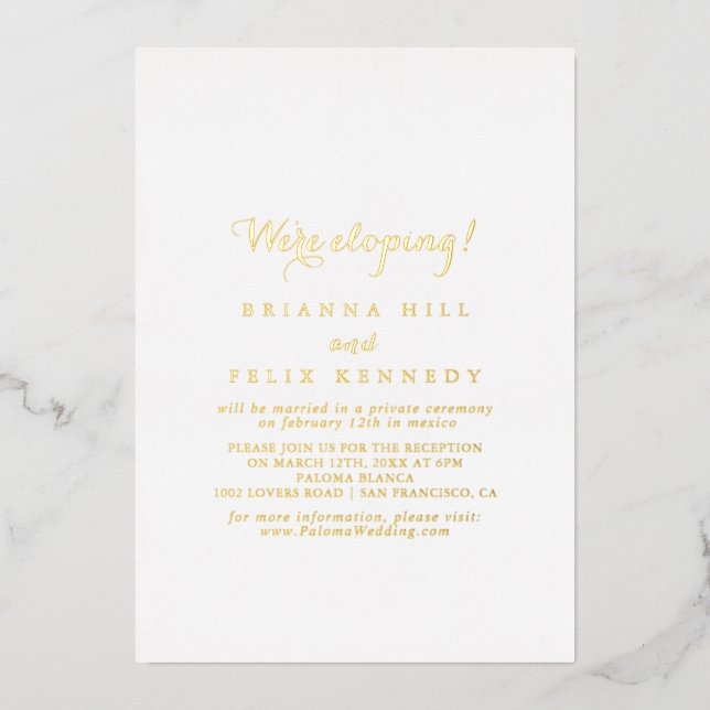 Modern Calligraphy Elopement Reception Gold   Foil Invitation (Front)