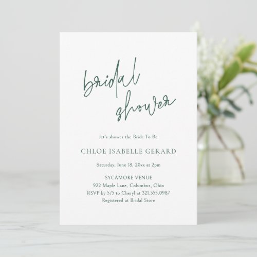 Modern Calligraphy Evergreen Elegant Bridal Shower Invitation