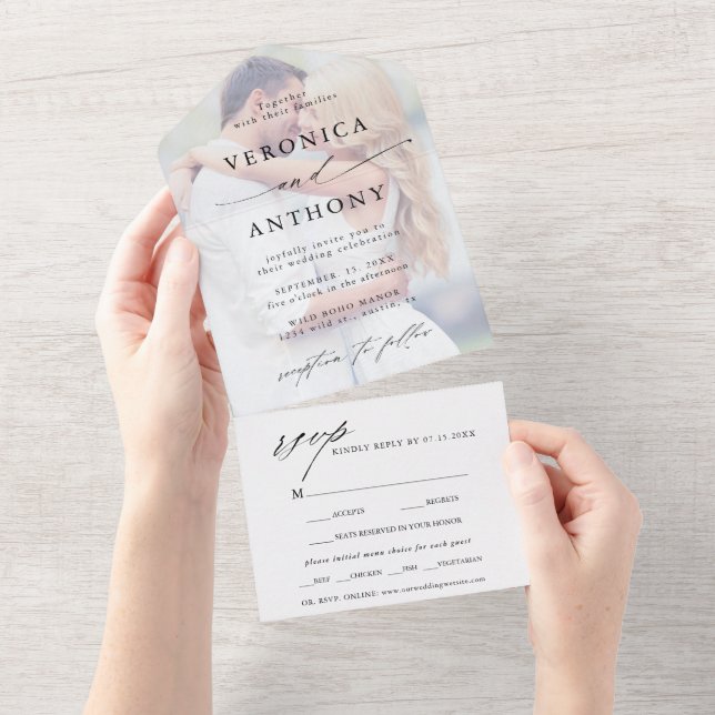  Modern Calligraphy Faded Photo Wedding All In One Invitation (Tearaway)