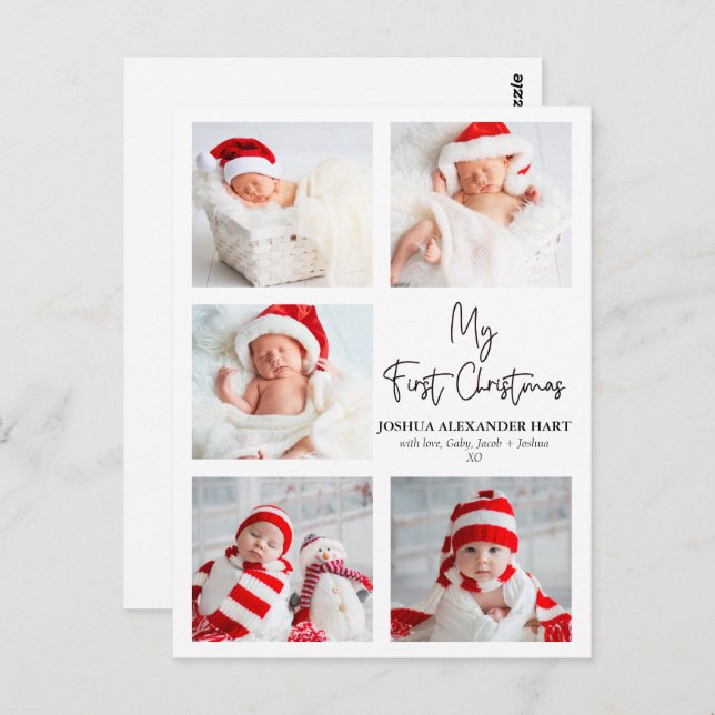Modern Calligraphy Five Photo My First Christmas Postcard (Front/Back)