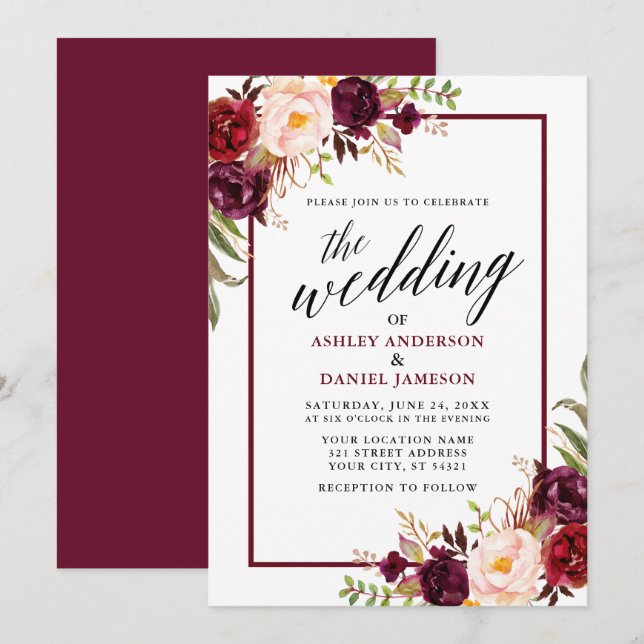 Modern Calligraphy Floral Burgundy Frame Wedding Invitation (Front/Back)