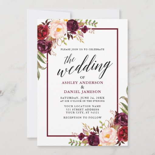 Modern Calligraphy Floral Burgundy Frame Wedding Invitation | Zazzle