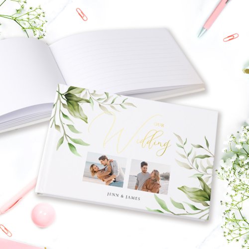 Modern Calligraphy Floral Eucalyptus Wedding Photo Foil Guest Book