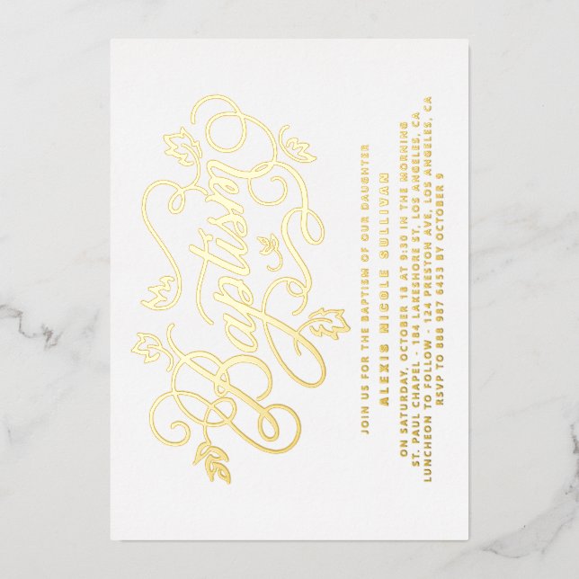 Modern Calligraphy Foliage Lettering Baptism Foil Invitation (Front)