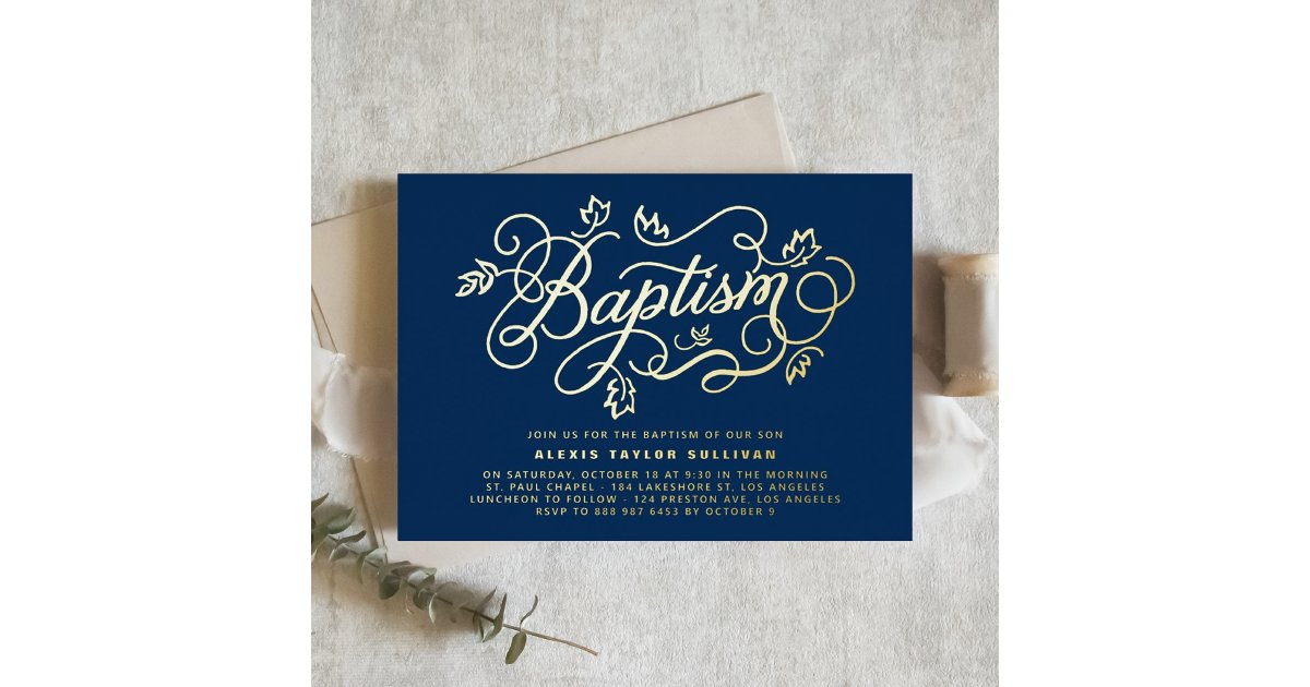 Modern Calligraphy Foliage Lettering Blue Baptism Foil Invitation | Zazzle