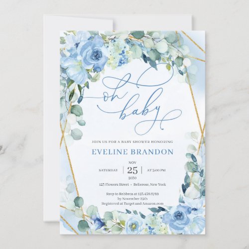 Modern Calligraphy Font Blue Floral Baby Shower Invitation
