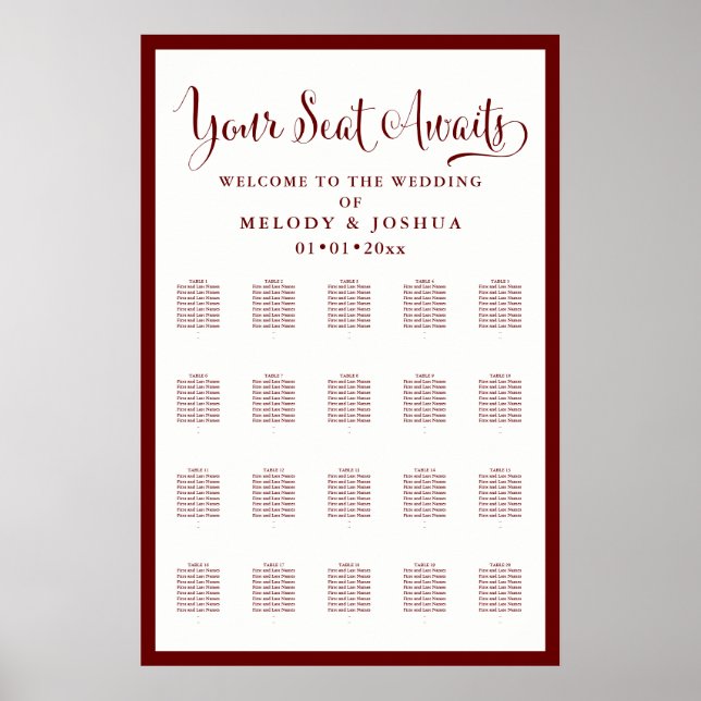 Modern Calligraphy Font DIY color Seating Chart (Front)