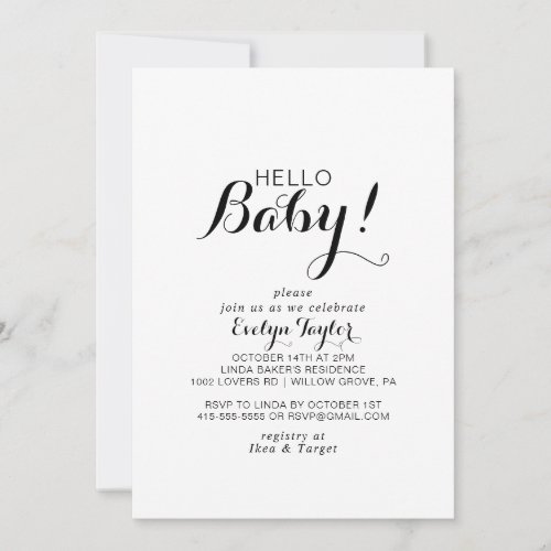 Modern Calligraphy Formal Hello Baby Shower  Invitation