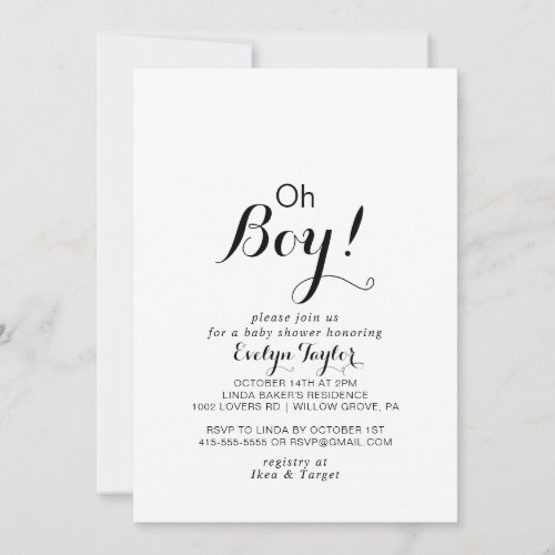 Modern Calligraphy Formal Oh Boy Baby Shower   Invitation