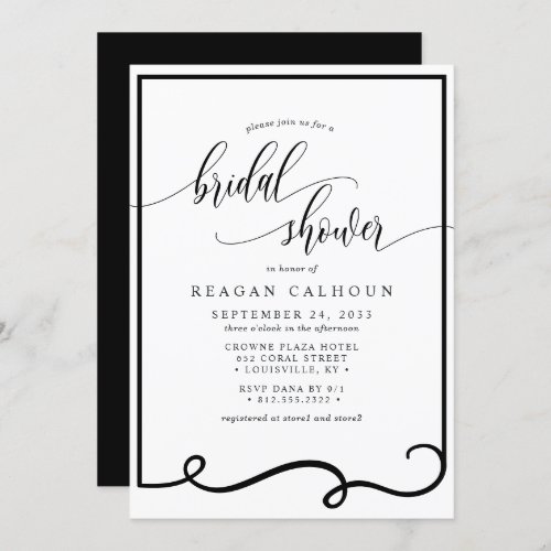 Modern Calligraphy Frame Black White Bridal Shower Invitation